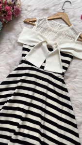 MYDU SHOP Đầm Xòe Sọc Nhẹ MS 173 – Thiết Kế Nơ Trước Ngực Dễ Thương