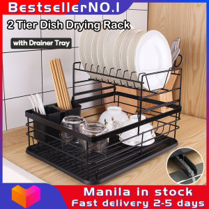 Bestseller 2 Tier Dish Drying Rack Dish Drainer Organizer Foldable Plate Drying Rack Tableware Shelf Drainer Carbon Steel Storage Holder with Drip Tray