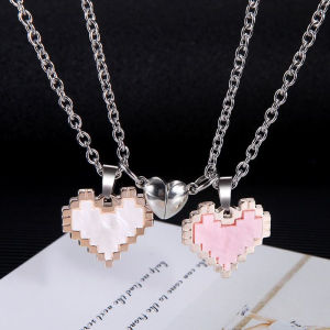2Pcs Couple Heart Necklaces Fashion Versatile Mosaic Love Shaped Pendant For Men Women Valentines Day Best Friend Jewelry Gifts