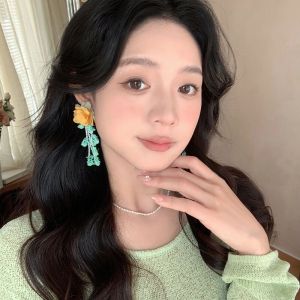 Blue Long Tassel Flower Ear Cuff Vacation Beach Style Dangle Earrings Women Fashion Jewelry Accessories Pair Fresh Outfit