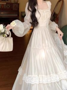 ชุดเดรสยาวคอเหลี่ยมสไตล์ฝรั่งเศส ผ้าโปร่ง แขนยาว กระโปรงทรงเอ ทรงเข้ารูป ฤดูใบไม้ผลิและฤดูใบไม้ร่วง ไซส์ใหญ่ เดรสยาวคลุมเข่า