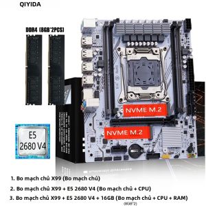 Bộ Bo Mạch Chủ QIYIDA X99 LGA2011-3 Xeon E5-2680 V4 DDR4 16GB (2x8GB) PC4 SATA PCIe X3.0 NVMe M.2 Bộ Máy Tính Chơi Game