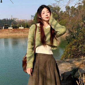 XUECAIQI | Autumn Cute and Youthful Green Knitwear and Skirt Set