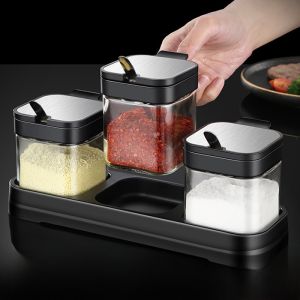 Kitchen Storage Set Seasoning Bottle Jar with Spoon Salt Pot Flavor Enhancer Glass Bottle Organizer Nordic Style Home Use