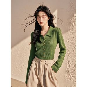 WANGGONGZHU | Slim Fit Polo Neck Knitted Sweater Womens Spring Autumn Thin New Fashion Korean Style Green Cardigan Breathable Comfortable