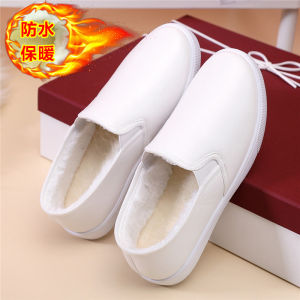 Womens Leather Surface Cotton Boots Winter Fleece Lined Anti-slip Waterproof Casual Short Tube Low Heel Flat Bottom Fashion Boots