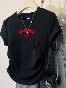 เสื้อยืดแขนสั้นผู้หญิงสไตล์เกาหลี ทรงเข้ารูป คอกลม สีดำ ทรงเข้ารูป แฟชั่นฤดูร้อน เสื้อผ้าทำงานผู้หญิง