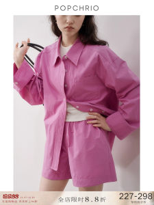 POPCIO Casual Loose Long Sleeve Cotton Sun Protection Shirt And Shorts Set for Women Summer 2024 Pure Color Stand Collar