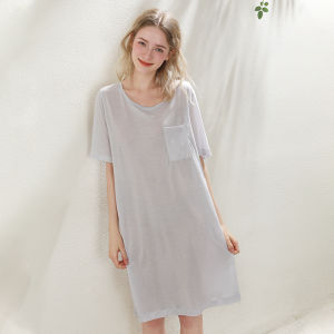 XEXZ | XEXZ Ice Silk T-Shirt Nightgown Short Sleeve Casual Home Wear Youth Summer Comfortable Breathable Round Neck Pullover Solid Color