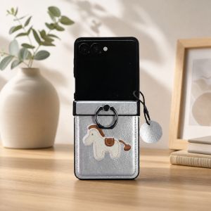 szhaiyu | Embroidered Pony Leather with Ring Phone Case for Samsung Galaxy Z Flip 8 7 6 5 4 3 5G ZFlip7 FE ZFlip8 Hinge Protective Cover