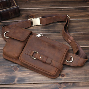 Leather Pocket Mens First Layer Cowhide Crazy Horse Leather Multi-Functional Stylish Casual Retro Men Chest Bag Shoulder Messenger Bag