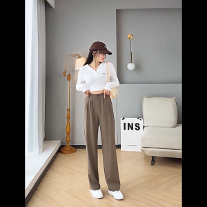 Womens loose high-waisted suit pants versatile with a drapey feel suitable for petite height casual wide-leg pants