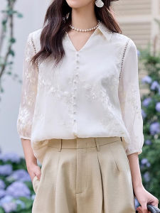 WANGGONGZHU | Princess Style V-Neck Embroidered Hollow Out Summer Thin Chiffon Shirt Womens Fashionable Sleeve Design Casual Loose Fit Shirt