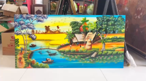 (Tặng kèm khung) Tranh sơn mài - ĐỒNG QUÊ VIỆT NAM - Size 60x120 cm / Vẽ màu cẩn trứng- Hàng xuất khẩu