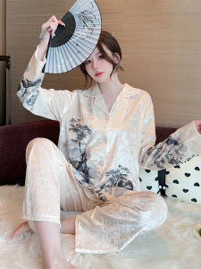 Autumn Winter New Style Velvet Sleepwear Womens Chinese Ink Painting Print Luxury Long Sleeve Home Clothes Set