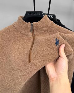 High quality half zip collar sweater mens fashion designer brand horse riding embroidery winter with plush warm knit pullover