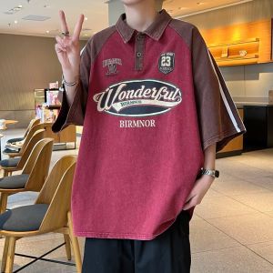 Áo Thun Polo Nam Cổ Polo in Chữ Phong Cách Retro Cổ Điển Mỹ in Hình Chữ Màu Tương Phản Tay Ngắn Chất Lượng Cao Thoáng Khí Mùa Hè