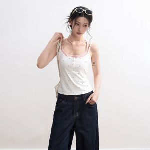 BAIDAIFEI | Blue Polka Dots Faux-Layered Sleeveless Slim Fit Breast Concealing Top