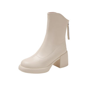 Giày Bốt Chelsea Da Thật Màu Trắng Kiểu Pháp Thời Trang Ngắn Đế Dày Cao Gót Mùa Thu Đông Lót Lông Cừu Martin Chelsea