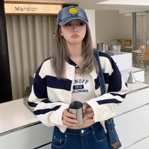 【Ready Stock】American Retro College Style Zipper Sweatshirt Short Casual Stand Collar Contrast Color Jacket Top For Women