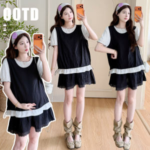 Summer Fashion Korean Style Loose Dots Splicing Fake Two-Piece Maternity Outfit