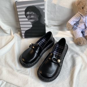 รองเท้าบู๊ทส์หัวกลมพื้นแบนสำหรับผู้หญิง สีดำ ทรง Mary Janes ทรงลำลอง สไตล์สตรีท Harajuku ทรงหัวโต หนัง PU