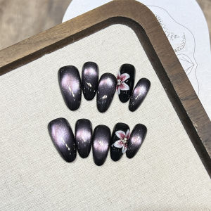 10PCS Purple Glass Cat Eye Fake Nails Handmade 3D Carving For Party Wedding Halloween Allure Nails with Gradient