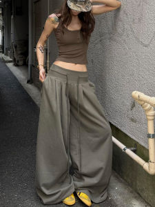 American Style High Waist Wide Leg Casual Pants Womens Loose Drapey Floor-Length Trousers Drawstring Sport Pants Straight Leg