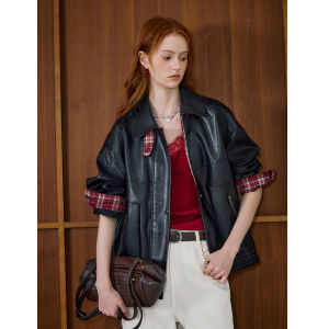 KUHNMARVIN | Plaid Panel PU Jacket Women Small Black