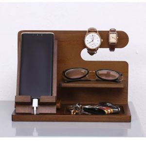 Creative Solid Wood Phone Stand Vintage Style Key Watch Multi-purpose Living Room Rechargeable Desktop Storage Rack