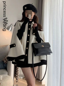 WANGGONGZHU | Princess Style Short French Hebban Windbreaker Womens Autumn Winter Cashmere Jacket Color Block Hepburn Fashion Princess Coat