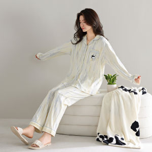 MiiOW | Bộ đồ ngủ cotton dài tay cho nữ MiiOW mùa thu đông thường ngày quần dài cổ bẻ nút mặc ở nhà thoải mái thoáng khí