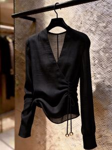 French Design V-Neck Adjustable Waist Top Black