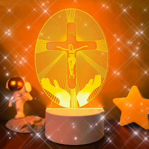 3D Night Light LED Acrylic Bible Light Decorative Table Lamp Gift Jesus Angel Cross 7 Colors Remote Control Wooden Base Bedroom Church Home Decor Christian Baptism
