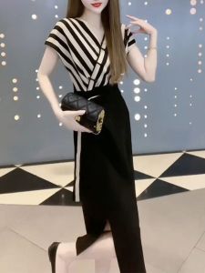 Fashionable plus Size Midi Split Dress Summer New Style Waist Cinching Slimming Stripe Splicing Short Sleeve Womens Dress