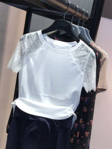 Hualai Amashit 2025 Summer Slim Fit Splice White T-Shirt Women Short Sleeve Lace Top Korean Style round Neck Cotton Casual