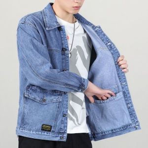 เสื้อแจ็คเก็ตยีนส์ทรงสลิมฟิตสำหรับใส่ทำงาน ทนทานต่อการสึกหรอและทนทานต่อการเปื้อนสำหรับผู้ชาย ฤดูใบไม้ผลิและฤดูใบไม้ร่วง
