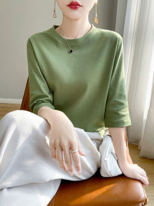 Womens Mid-Sleeve Silk Cotton T-Shirt Short Sleeve Base Shirt Spring Summer New Style Versatile Half Sleeve Top Commute Korean Loose Fit