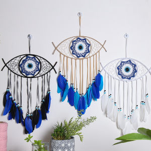 Vòng Tay Evil Eye Dream Catcher Boho Trang Trí Treo Tường Với Lông Vũ Màu Xanh Nghệ Thuật Treo Tường Trang Trí Phòng Khách Quà Tặng-Chất Liệu Hữu Cơ Không Cần Lắp Ráp