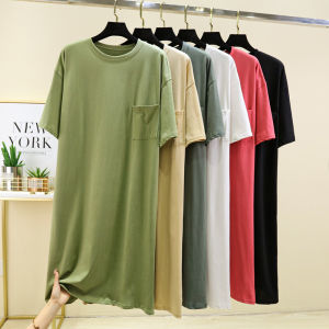 Pajamas Womens Summer Pure Cotton Dress Loose Nightdress Thin Plus Size Round Tie Pocket over the Knee Home Wear Long Skirt