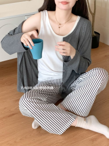 Spring Autumn Womens Lazy Style Casual Open Cardigan Vest Top Striped Wide Leg Pants Three Piece Set Can Be Worn outside