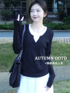 Black Fake Two Pieces V-neck Shoulder Long Sleeves T-Shirt Womens Spring and Autumn Slim Fit Slimming Inner Chic Knitting Bottoming Shirt Tops