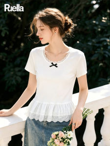 puella | Summer New Arrival French Style Lace Stitched Slim T-shirt