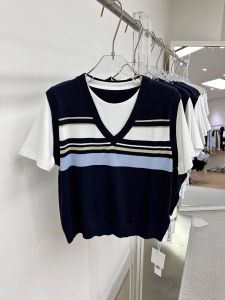 เสื้อกั๊กไหมน้ำแข็งถักแขนสั้นคอวีแขนสั้นฤดูร้อนสำหรับผู้หญิง เสื้อยืดคอกลมทรงหลวมสบาย ๆ สไตล์เกาหลี แฟชั่นลำลอง