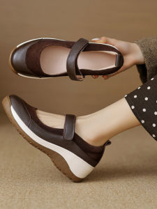 French Style Real Leather Flat Bottom Mary Jane Shoes Womens Spring Autumn Low Cut round Head Medium Heel Casual Shoes