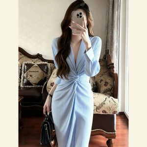 SHANGSHA | Elegant Stylish Blue Waist-accentuated Dress