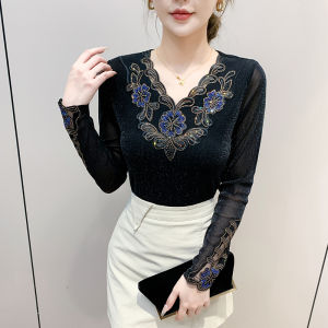 Yimei Áo Thun công nghiệp nặng hàng hóa Châu Âu áo áo nhỏ phong cách mới mùa xuân và mùa thu dài tay nữ trang phục bên trong của mẹ Áo lưới cổ chữ V kiểu phương Tây