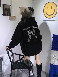 Màu Đen Nơ Nút Thắt Áo Hoodie Nữ Rộng Rãi Nguyên Chất Cotton Vải Bông Ngoại Cỡ Phong Cách Lười Cổ Điển Mỹ Áo Khoác Mùa Xuân Mùa Thu Thời Trang Theo Mùa