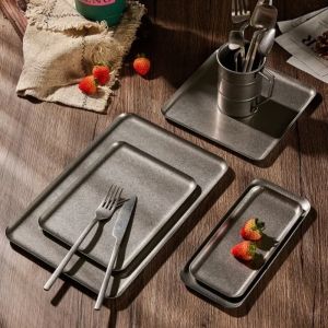 ถาดสี่เหลี่ยมสแตนเลส 304 ลายเกล็ดหิมะสีเงินวินเทจ ขอบกลม จานอาหาร จานของหวาน ถาดย่างสเต็ก ถาดตกแต่ง