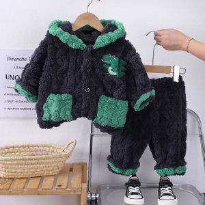 หนาขึ้น ชุดนอนผ้าสักหลาดสําหรับเด็กวัยหัดเดินชายหญิงเสื้อผ้าบ้าน เด็กทารก ชุด ฤดูใบไม้ร่วง ฤดูหนาว เสื้อผ้าเด็ก นุ่ม โพลีเอสเตอร์ ไฟเบอร์